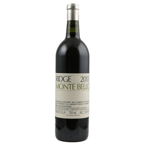 Single bottle of Red wine Ridge Vineyards, Monte Bello, Santa Cruz Mountains, 2013 80% Cabernet Sauvignon, 8% Petit Verdot, 7% Cabernet Franc & 5% Merlot